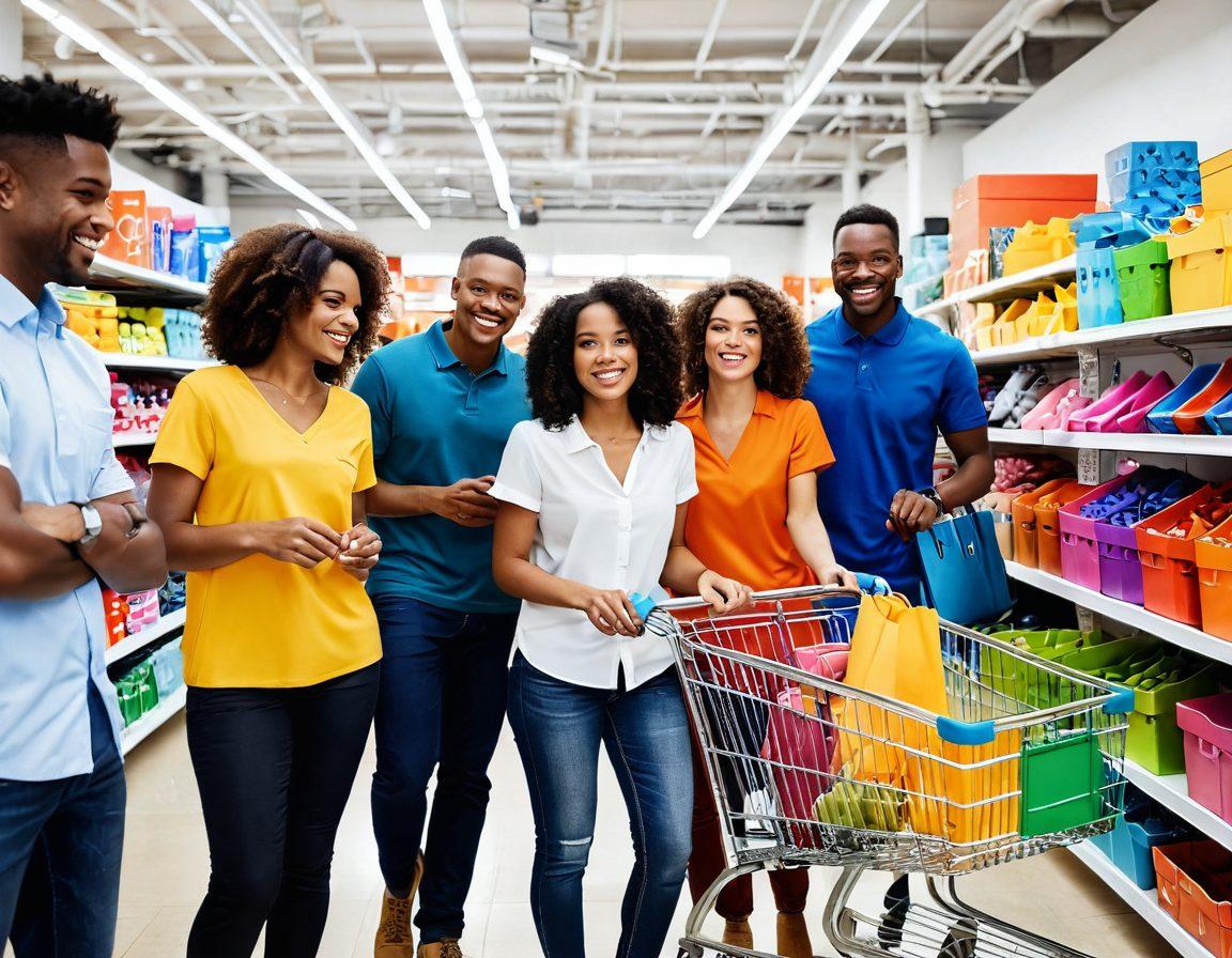 A diverse group of employees joyfully collaborating in a vibrant, modern retail space, surrounded by colorful shopping items, showcasing teamwork and camaraderie. Include elements like shopping carts, product displays, and friendly interactions among team members. The atmosphere should be lively and engaging, highlighting the essence of unity and collaboration in a shopping context. super-realistic. vibrant colors. white background.