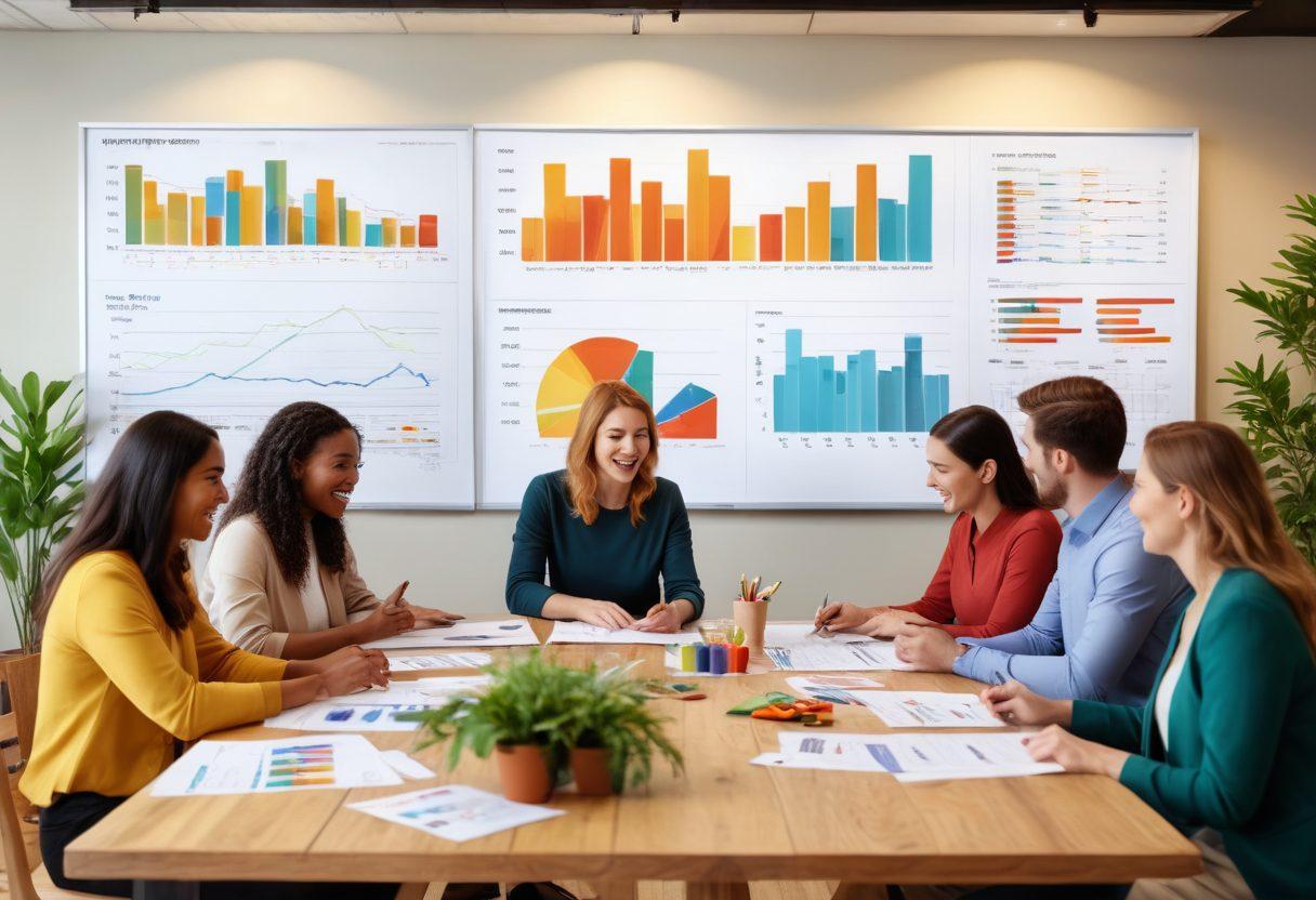 An engaging scene of diverse employees collaborating around a large table, excitedly discussing group purchases, with graphs and charts illustrating savings on the wall. A warm atmosphere with plants and colorful artwork in the background, symbolizing community and teamwork. Include elements like shopping bags and product samples on the table to emphasize group buying. vibrant colors. super-realistic.