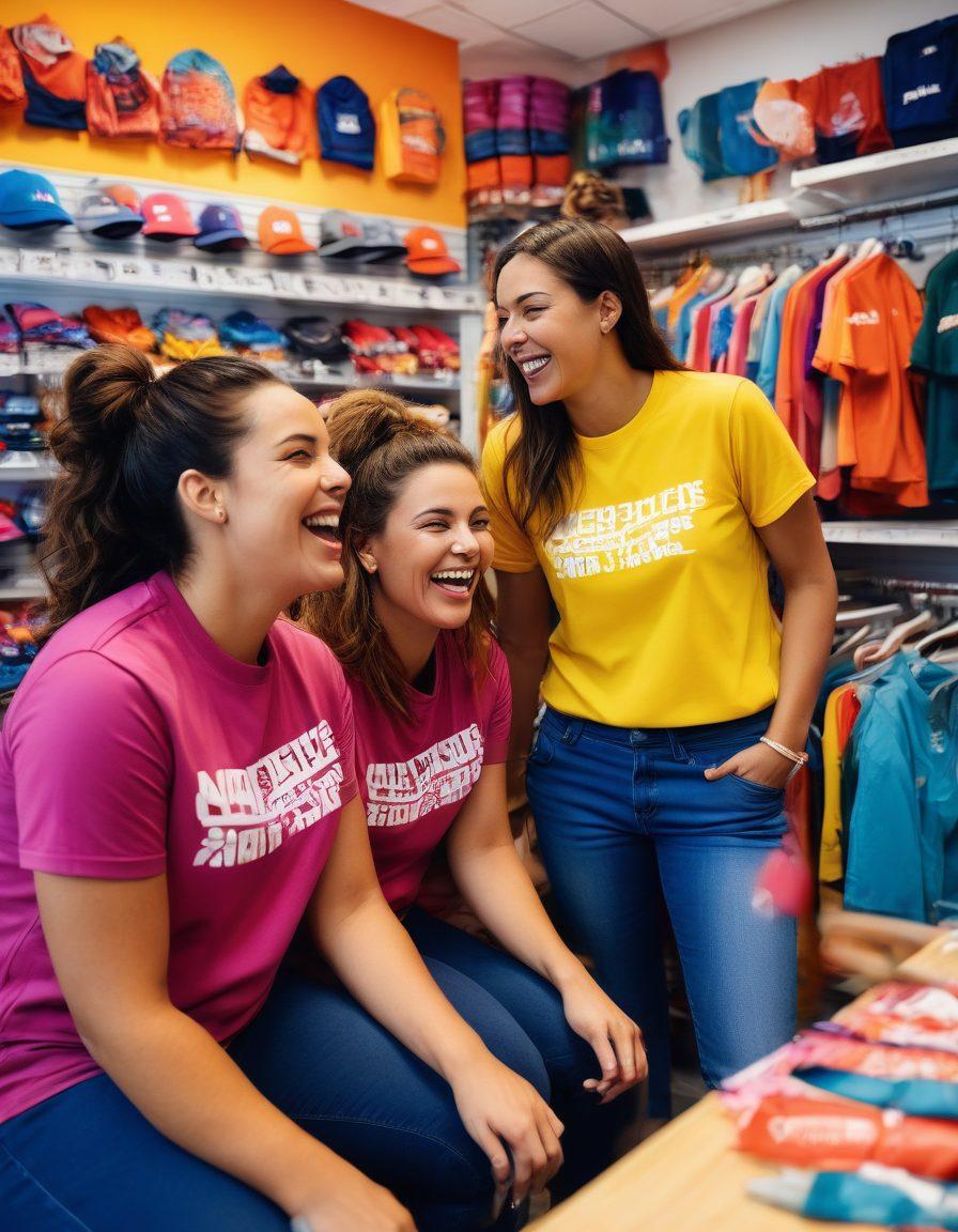A diverse group of team members enjoying a vibrant outing at a merchandise store, surrounded by colorful team gear, laughing and engaging in activities that promote unity. In the background, there are motivational quotes displayed artistically on the walls, emphasizing teamwork and spirit. The image captures a sense of camaraderie and excitement. bright colors. candid photography. lively atmosphere.